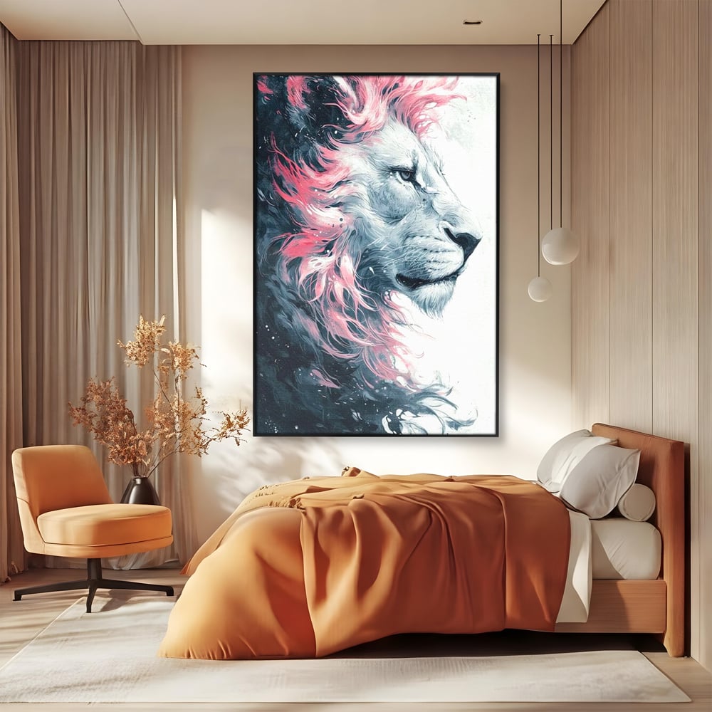 Tablou canvas cu tablou canvas cu leu in profil, in rama de aluminiu negru, pe perete intr-un dormitor